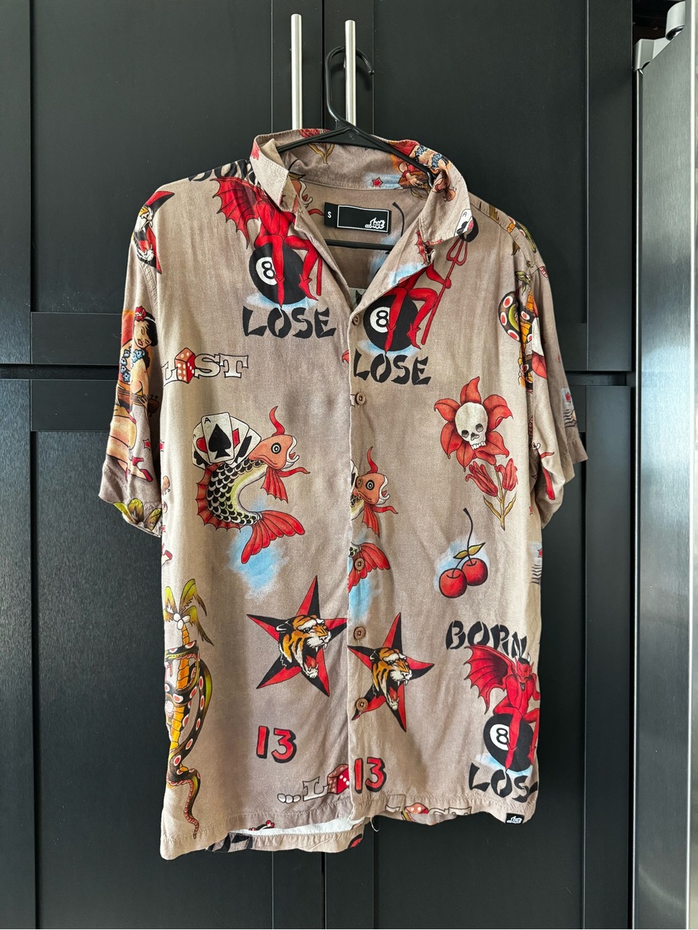 Lost Beige Short-Sleeve Button Shirt with Red Tattoo Prints